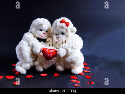 Affen mit weichem Spielzeug, die ein Herz auf einem schwarzen Hintergrund halten. Ein Symbol der Liebe. valentinstag Stockfoto