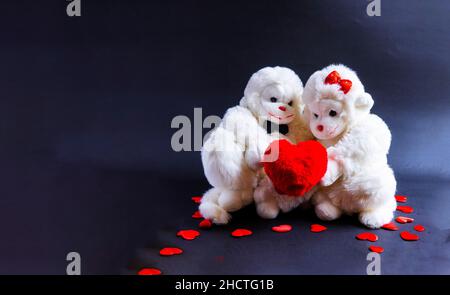 Affen mit weichem Spielzeug, die ein Herz auf einem schwarzen Hintergrund halten. Ein Symbol der Liebe. valentinstag Stockfoto