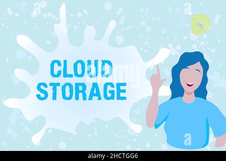 Textüberschrift mit Cloud Storage. Konzept Bedeutung Computing Verbinden von Geräten mit Cloud-Daten auf Remote-Speicher Lady Illustration Discovery Neue Idee Stockfoto