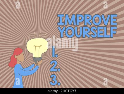 Inspiration Zeichen zeigen verbessern Sie sich. Business-Ansatz, um Ihre Fähigkeiten aussehen wird eine bessere Person Lady stehend Zeichnung Halten Licht auf Stockfoto