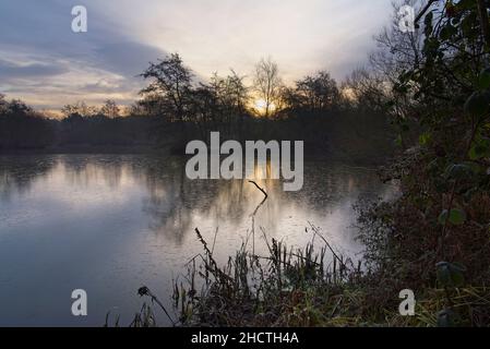 Ein dunkler nebliger Wintermorgen am Ufer der Mill Lakes in Nottinghamshire. Stockfoto