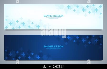 Vorlage für das Bannerdesign. Konzept und Idee für Gesundheitswirtschaft, medizinische Forschung, Gesundheitstechnologie, Wissenschaft Stock Vektor