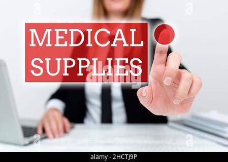 Schreiben mit Text Medical Supplies. Wort für die für die Behandlung von Krankheit oder Verletzung erforderlichen Elemente Erklärung des Unternehmensproblems, Zusammenfassung Bereitstellung Stockfoto