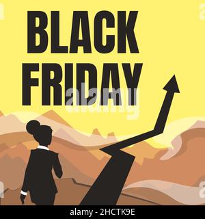 Handschrift Text Black Friday. Ein Tag, an dem der Verkäufer seine Preise exklusiv für die Käuferin Lady, die mit einem Pfeil in die Berge geht, einpreist Stockfoto