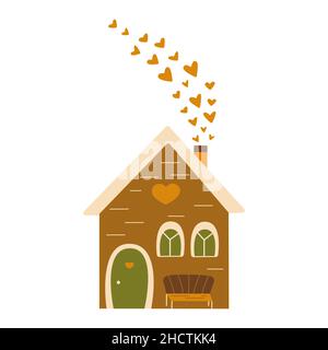 Süßes Zuhause mit einer Bank und Herzen aus der Pfeife. Zuhause für Verliebte. Valentinstag. Bunte Vektor isolierte Illustration von Hand gezeichnet Stock Vektor