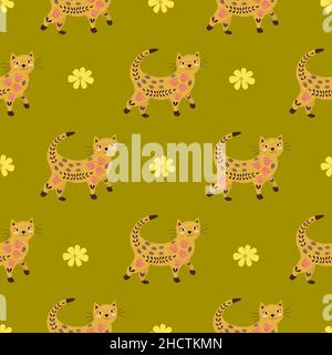 Nahtloses Muster Walking Katze mit Blumen lächelt. Helle bunte Vektor-Illustration mit Haustier im Cartoon-Stil. Verpackung oder Stoff, Druck oder pape Stock Vektor