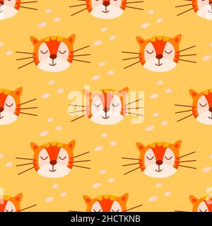 Nahtloses Muster niedliches Gesicht eines Tigers. Feiertag Tiger Tag. Farbenfrohe Vektorgrafik im Cartoon-Stil. Kopfkarte mit Streifen. Verpackung oder Druck, Karte Stock Vektor