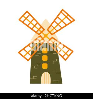 Nette alte Mühle. Vintage hohes Gebäude drehen. Symbol für ein einzelnes Objekt. Bunte Vektor isolierte Illustration von Hand gezeichnet Stock Vektor
