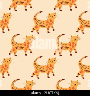 Nahtloses Muster wandelnde Katze in Blumen und Blättern lächelt. Helle bunte Vektor-Illustration mit Haustier im Cartoon-Stil. Verpackung oder Stoff, prin Stock Vektor