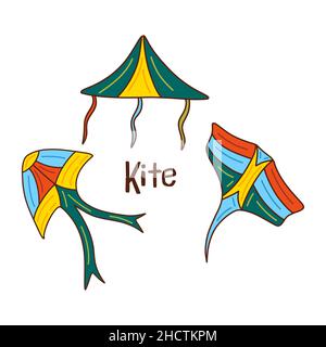 Set Drachen. Gruppe von Spielzeugen, die in der Luft auf einer Schnur fliegen, im Wind in den Himmel fliegen, verschiedene Farben und mit Bändern. Handgezeichneter Vektor isoliert illustrat Stock Vektor