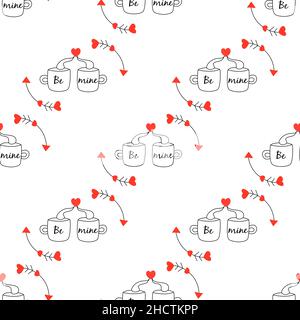 Nahtloses Muster zwei Tassen mit einem roten Herzen und der Inschrift Be Mine. Pfeile des Amors. Alles Gute Zum Valentinstag. Februar 14th. Vektor mit weißem Hintergrund Stock Vektor