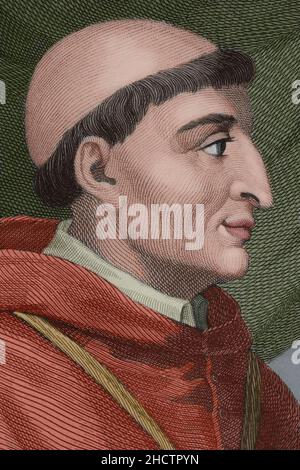 Francisco Jiménez de Cisneros, bekannt als Kardinal Cisneros (1436-1517). Kardinal, Erzbischof von Toledo, Primas von Spanien und Generalinquisitor von Kastilien 3rd. Porträt, Detail. Stich von Antonio Roca Sallent. Spätere Färbung. Las Glorias Nacionales, 1853. Stockfoto