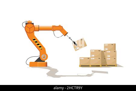 Ein Roboterarm auf einem skuld faltet Kisten für den Transport zum Verbraucher. Modernes Konzept zur Lagerautomatisierung. Flache Vektorgrafik. Stock Vektor