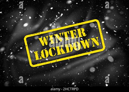 Winter Lockdown Text auf schneebedecktem abstraktem Hintergrund, Illustration der Covid-19 Pandemie. Stockfoto