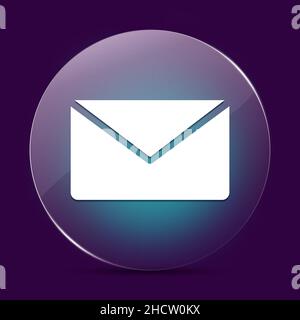 Senden Sie eine E-Mail mit einem abstrakten, runden Knopf aus Mondlicht-Glas auf einem dunkelvioletten abstrakten Hintergrund Stockfoto