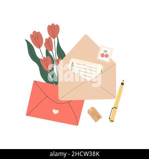 Öffnen Sie den Umschlag mit handgeschriebenem Papier. Frühlingstulips als Geschenk. Das Konzept der Glückwünsche zum Valentinstag. Flache Vektordarstellung von Stock Vektor