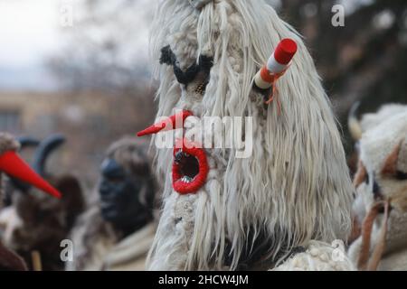 Mummers in traditionellen Kostümen tourten am ersten Tag des Jahres 2022 durch die Straßen von Godech. Menschen mit einer Maske namens Kukeri tanzen Stockfoto