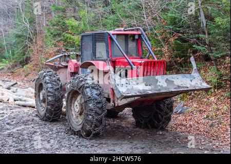 Der rote Skidder im Wald. Die Schleudermaschine aus Holz. Große Gummiräder mit Ketten erleichtern die Bewegung in schwierigem Gelände Stockfoto