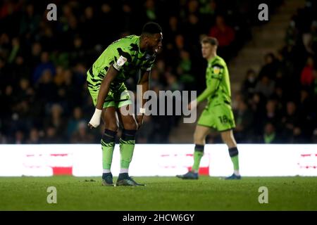 NAILSWORTH, GROSSBRITANNIEN. JAN 1st Jamille Matt von Forest Green Rovers reagiert während des Sky Bet League 2-Spiels zwischen Forest Green Rovers und Stevenage am Samstag, dem 1st. Januar 2022, auf dem New Lawn, Nailsworth. (Kredit: Kieran Riley | MI Nachrichten) Kredit: MI Nachrichten & Sport /Alamy Live Nachrichten Stockfoto