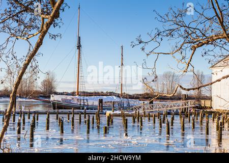 Segelketsch dockt und geschützt für die Wintersaison in Steveston British Columbia Kanada Stockfoto