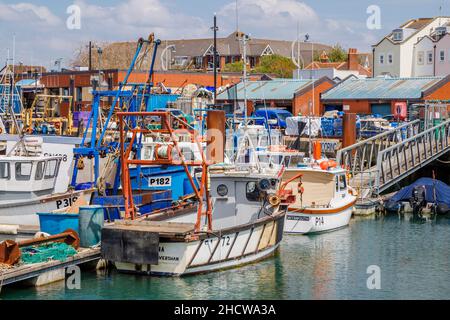 Fischerboote vertäuten in Camber Quay in Portsmouth Harbour, Hampshire, Südküste Englands Stockfoto