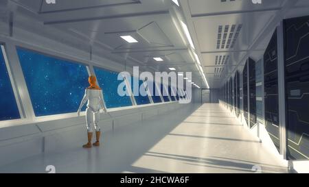 3d-Rendering. Futuristische Szene und humanoide Figur Stockfoto