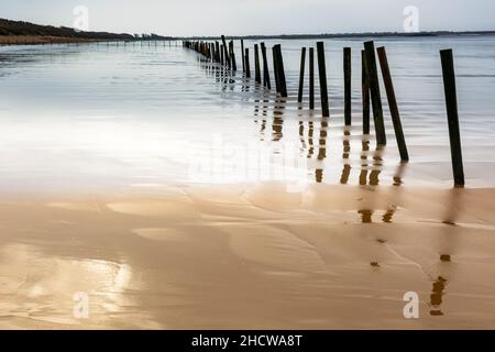 Holzpfosten im Meer und Strand, West-super-Mare, Somerset, UK 2021 Stockfoto