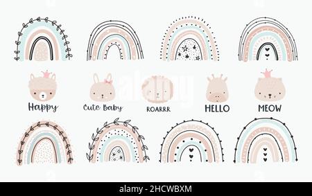 Niedliche bunte Regenbogen und Tiergesichter Set. Design-Element mit T-Shirt-Druck. Helle farbige Vektor-Illustration in flacher Cartoon-Stil isoliert auf weiß Stock Vektor