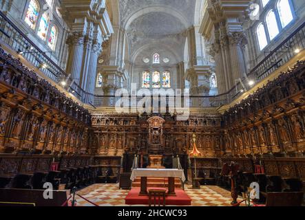 Europa, Spanien, Andalusien, Costa del Sol, Kathedrale von Malaga Chorgestühl mit komplexen Holzschnitzereien der Heiligen. Stockfoto