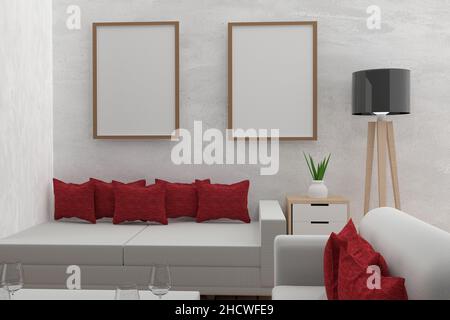 Wohnzimmer mit Mock-up innen Modern im konkreten Raum in 3D Render Bild Stockfoto