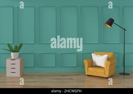 Minimalistisches Sofa-Loft-Innendesign in sanften grünen Wänden und Holzboden in 3D Rendering Stockfoto