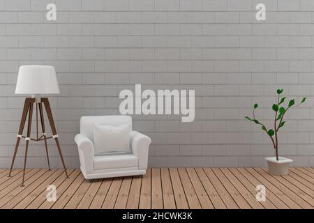 Einzelsofa mit Lampe im Mauerwerk und Holz Zimmer in 3D Bild rendern Stockfoto