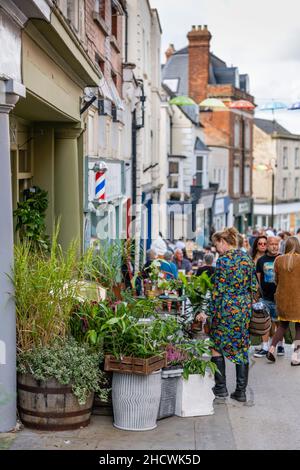 Unabhängige Geschäfte an der Hauptstraße in Stroud, Gloucestershire, Großbritannien Stockfoto