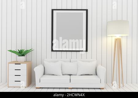 Weißes Sofa schmücken mit Baum und Lampe in der weißen Raumgestaltung im 3D Renderbild Stockfoto