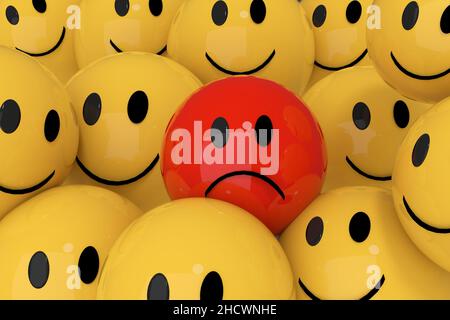 Gelber Smiley Ball mit rotem Ball Design Modell in 3D Rendering Stockfoto