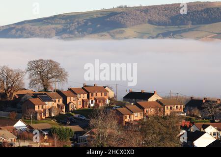 Nebel über dem Fluss Severn, Welshpool, Powys, großbritannien Stockfoto