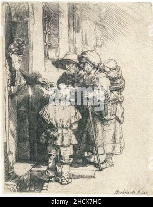 Rembrandt - Bettler, die Almosen an der Tür eines Hauses erhalten. Stockfoto