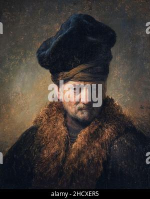 Rembrandt Harmenszoon van Rijn - Büste eines alten Mannes in einem Pelzmütze. Stockfoto