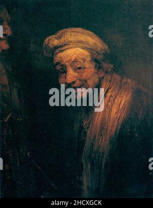 Rembrandt Selbstporträt als lachende Zeuxis beim Malen einer alten Frau. Stockfoto