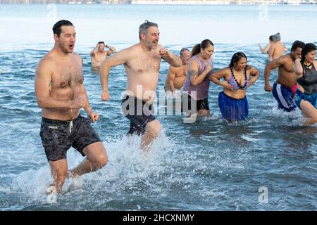 Seattle, Washington, USA. 1st. Januar 2022. Schwimmer stürzen sich beim jährlichen Eisbären-Schwimmen am Alki Beach Park. Quelle: Paul Christian Gordon/Alamy Live News Stockfoto