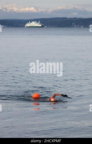 Seattle, Washington, USA. 1st. Januar 2022. Ein Schwimmer im Freien beim jährlichen Eisbären-Schwimmen am Alki Beach Park. Quelle: Paul Christian Gordon/Alamy Live News Stockfoto