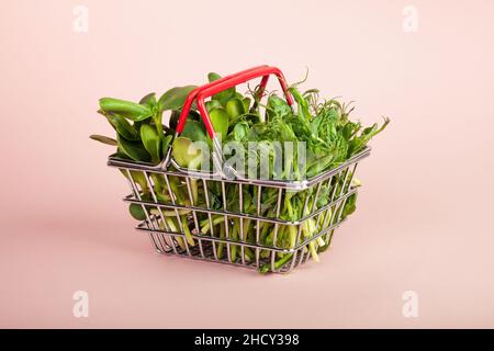 Micro Greens in einem Korb auf einem rosa Hintergrund. Verkauf von verschiedenen Arten von Microgreens. Gesundes Lebensmittelkonzept aus frischen, biologisch angebauten Gartenprodukten Stockfoto