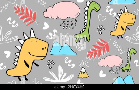 Kindisch nahtloses Muster mit handgezeichneter Dino, tropischen Blättern, Wolken und Formen, die im skandinavischen Stil handgezeichnet sind. Kreative Vektor kindisch backgrou Stockfoto