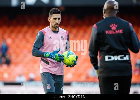 Diego Lopez von RCD Espanyol während des Liga-Spiels zwischen Valencia CF und RCD Espanyol bei Mestalla in Valencia, Spanien. Stockfoto