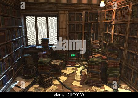 Alte Bibliothek Energie-Vorspannung, komplette Szene für Hintergrund. 3D Rendering-Illustration. Stockfoto