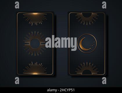 Setzen Sie magische Tarot-Karten, Gold Magie Sonne und Mond Boho Stil, heilige Geometrie Zeichen, esoterische spirituelle Symbole, Luxus-Gott und Göttin Zeichen. Vektor Stock Vektor