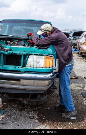 Ein Mann arbeitet, um Teile von einem blauen Ford Ranger Pickup-Truck auf der LKQ Pick Your Part Auto Bergungswerft Hof in Fort Wayne, Indiana, USA zu entfernen. Stockfoto