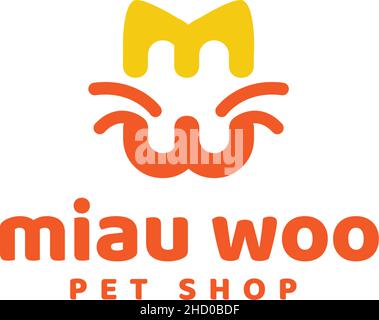 Modernes flaches buntes MIAU WOO PET SHOP Logo Design Stock Vektor