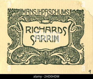 Rihards Zariņš, eigenes Exlibris ('Mans ihpaschums Richards Sarriņ'), 1901. Stockfoto