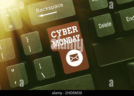 Handschrift Text Cyber Monday. Wort für Marketing-Begriff für Montag nach Danksagerlaubstag in den USA zum Herunterladen und Schreiben von Online-Inhalten Stockfoto